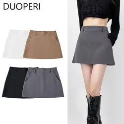 DUOPERI Women Fashion Solid Mini A-Line Skirt High Waist Back Zipper Female Chic Office Lady Basic Short Skirt