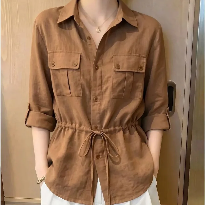 Women Brown Solid Color Casual Shirt with Turn Down Collar Two Chest Pockets and Drawstring Waist Loose Fit Three Quarter Sleeve
