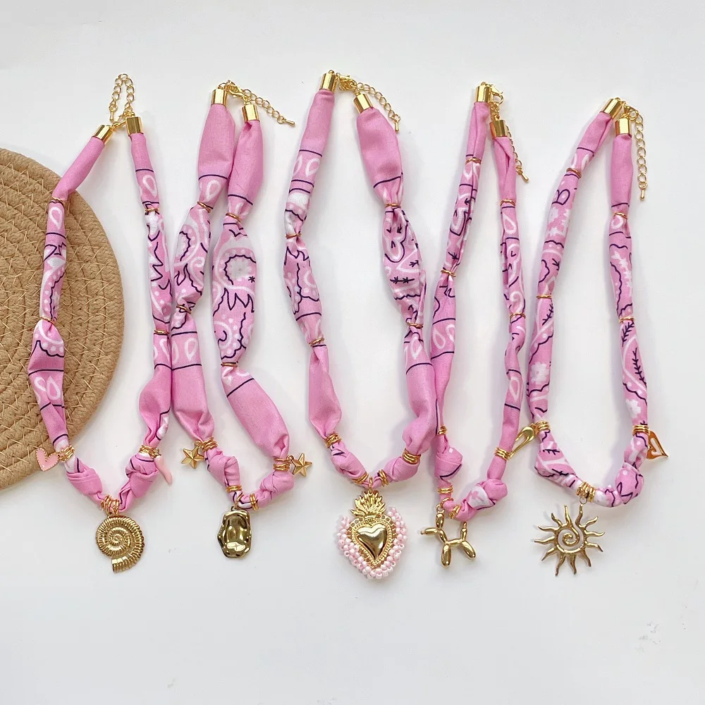 

Pink Handmade boho-style Scarf Necklace with Beaded Heart Charm Stainless Steel Sun, Balloon Dog, Conch Pendants