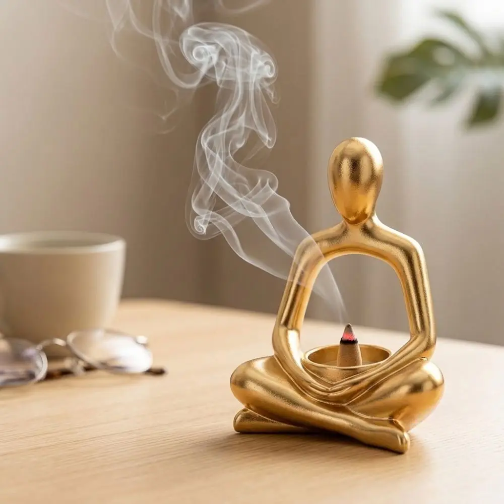 Minimalist Abstract Meditating Figurine Incense Burner Zen Chinese Style Cross Legged Tabletop Incense Cone Holder Vintage
