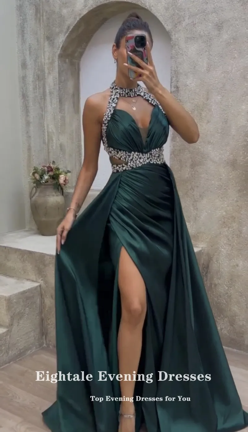 Eightale Dark Green Evening Dress Satin Halter Beaded with Crystals Formal Arabic Prom Gown Wedding Party Dress Vestidos De Noch