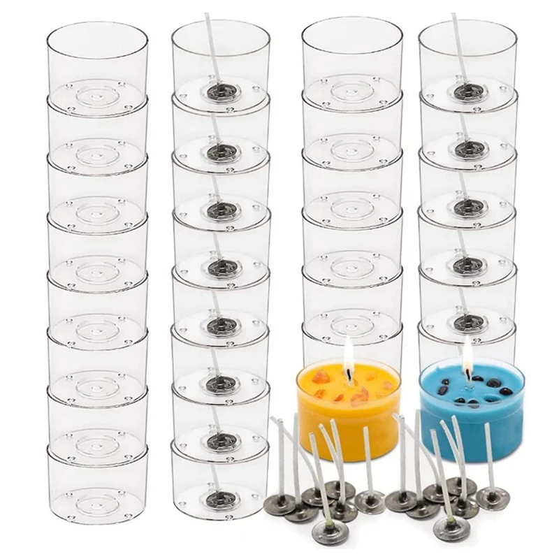 100 Pcs Tea Light Candle Cups-Plastic Clear Candle Making Kit -100 Pcs Candle Wick - Candle Wax Jars Molds