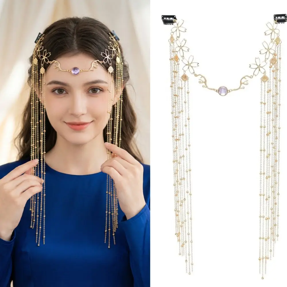 

Shiny Rhinestone Head Chain Golden Long Tassel Chinese Style Headpiece Handmade Elegant Retro Hairpin Forehead Decoration