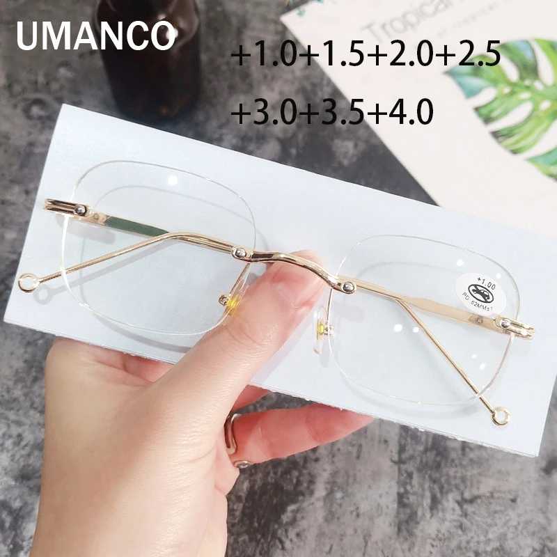 Ultralight Rectangle Rimless Reading Glasses for Women Men Anti Blue Light Silver Gold Presbyopia Glasses Farsighted Eyewear +1