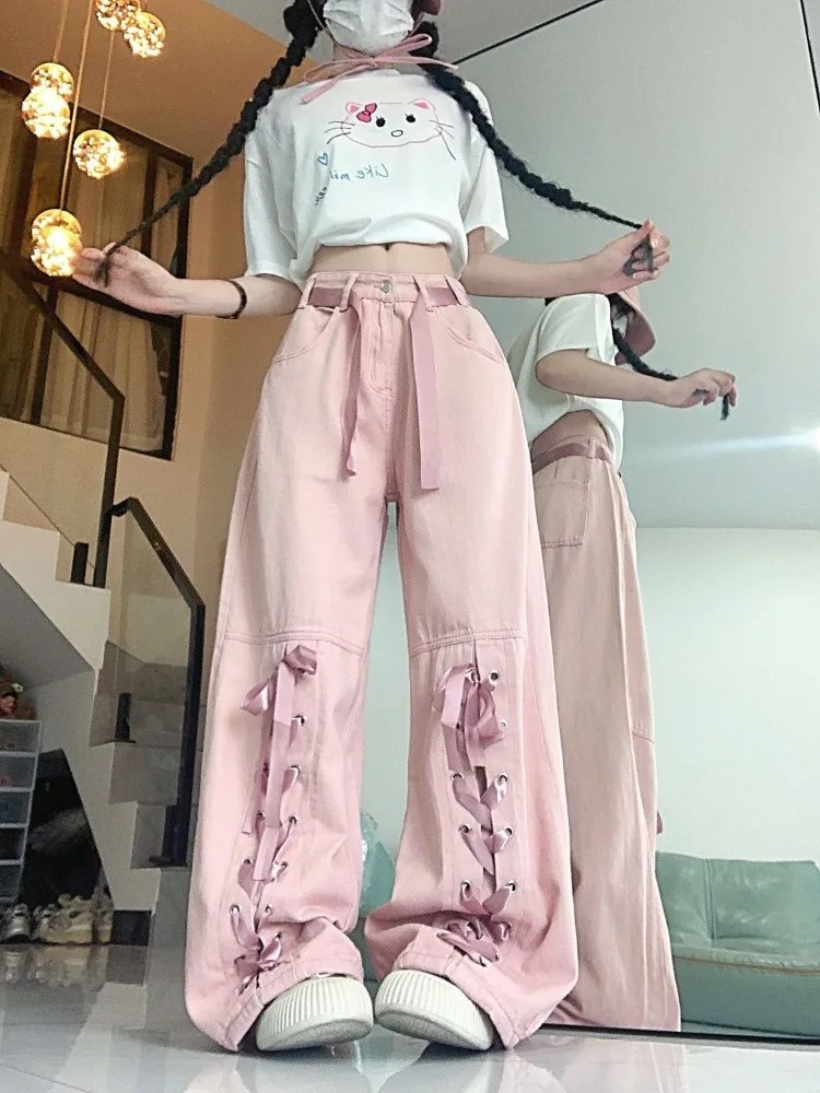 

Sweet Pink Bow Lace Up Casual Pants for Women Y2k Summer High Waist Straight Trousers 2025 New Loose Wide Leg Pants
