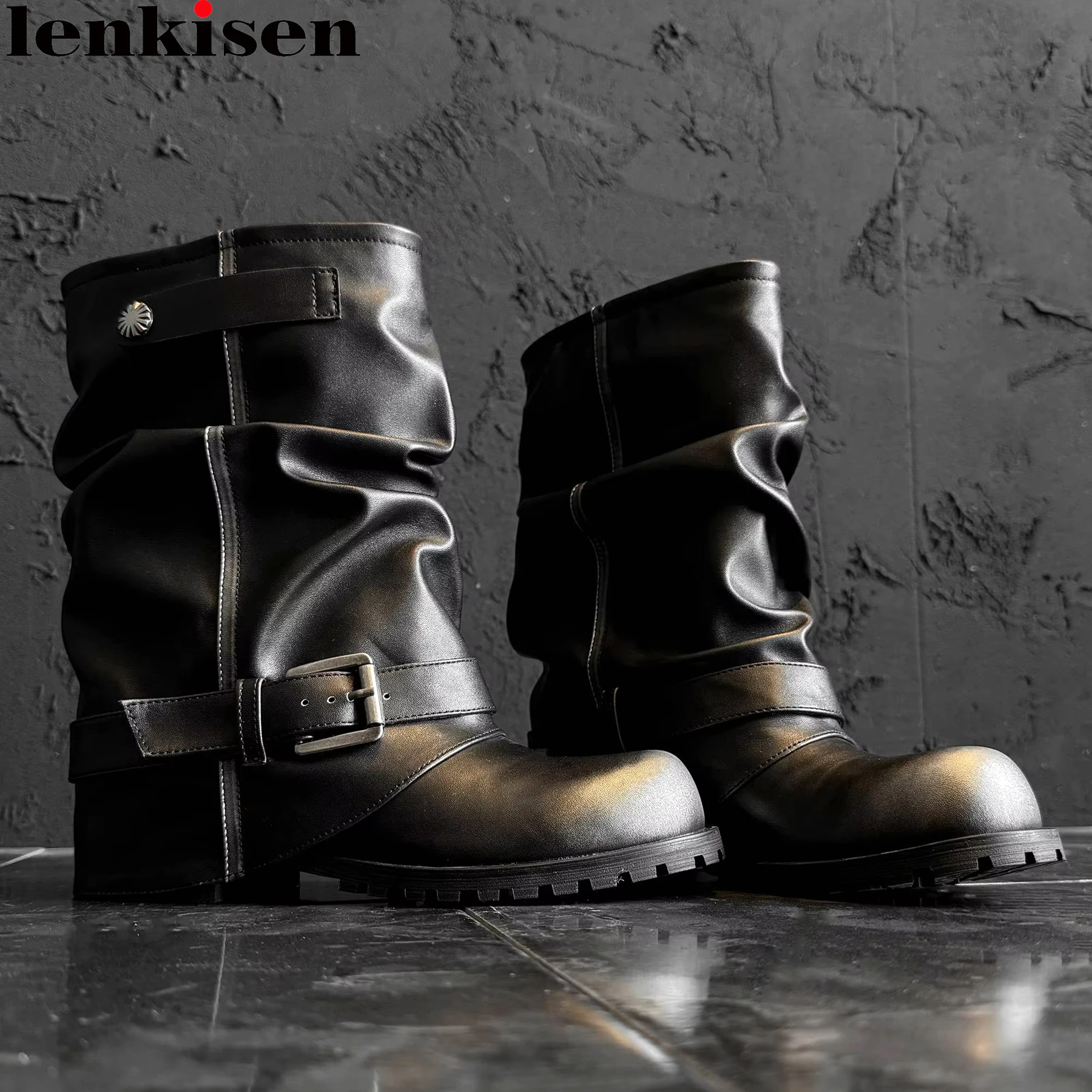 جلد البقر ميد الكعوب مطوي حزام مشبك الرجعية الأحذية الغربية أحذية الشتاء الدافئة الخريف العلامة التجارية الفاخرة يؤرخ النساء منتصف العجل الأحذية