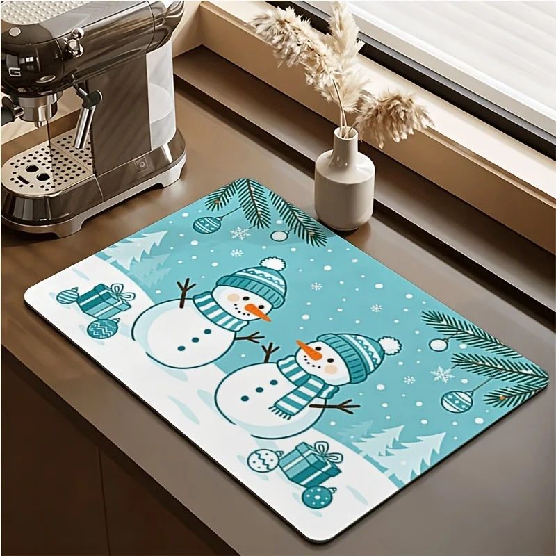 Drying Mat Snowman Joy Christmas Berry Print Tableware Drain Pad for Coffee Bar Countertop Decoration