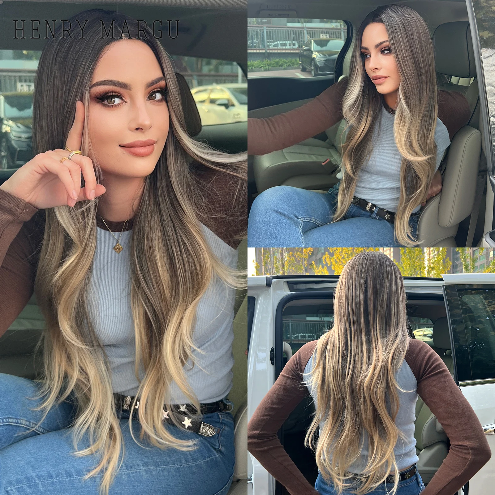 

HENRY MARGU Hairline Part Lace Synhtetic Wigs Long Wavy Brown Blonde Ombre Natural Hair Wigs for Women Daily Middle Part Wigs