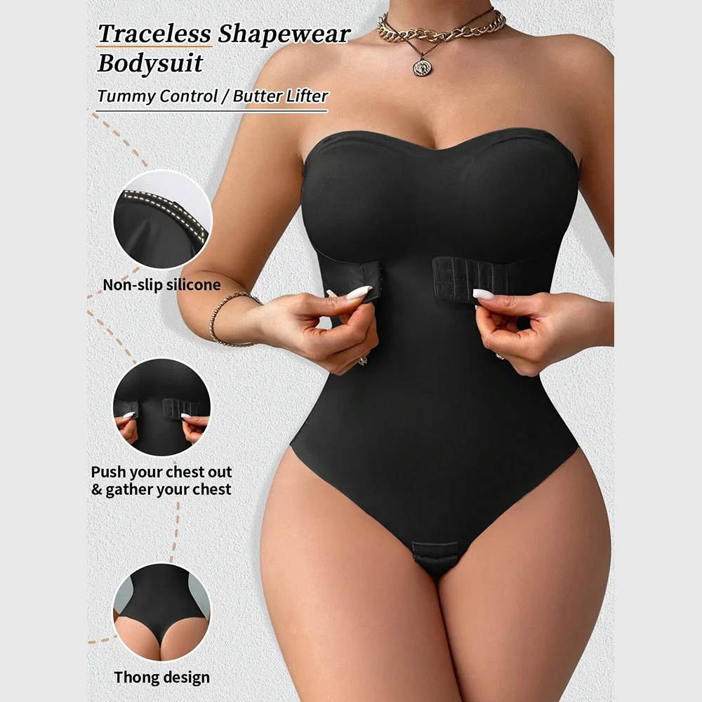 Women's One-Piece Shapewear Invisible Shoulder Strap Non-Slip Tummy Control Buckle Compression Waist Trainer Bodysuit