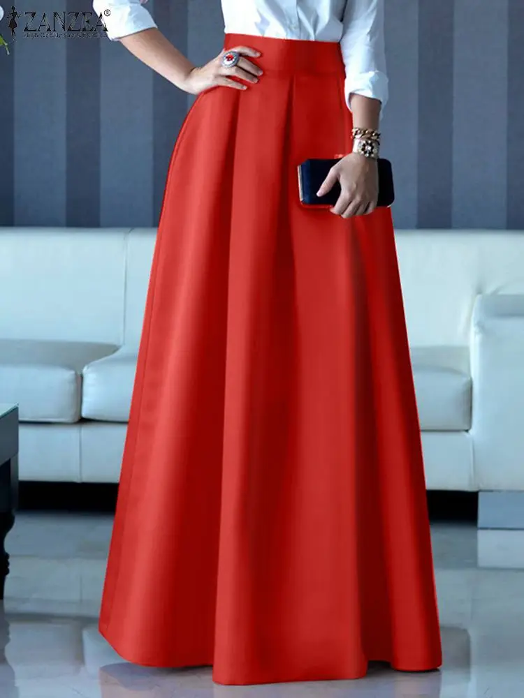 ZANZEA Fashion Women Autumn High Waist Maxi Long Skirt A-line Party Satin Skirt Jupe Vestidos Elegant Office Skirts Faldas Saia