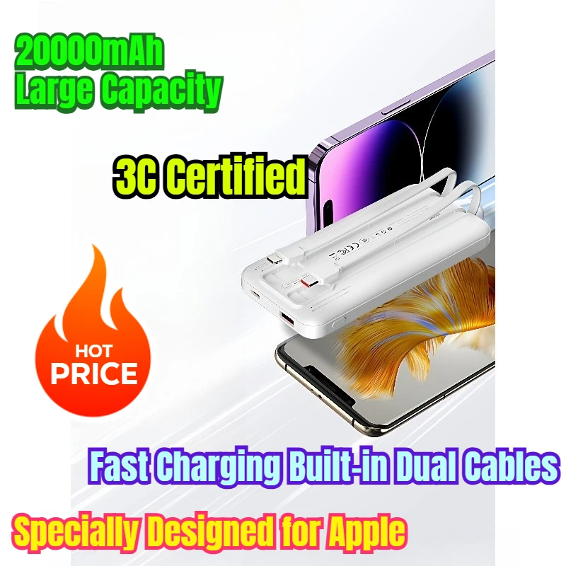 

3C Certified Power Bank 20000mAh Large Capacity Fast Charging Built-in Dual Cables Specially Designed for Apple