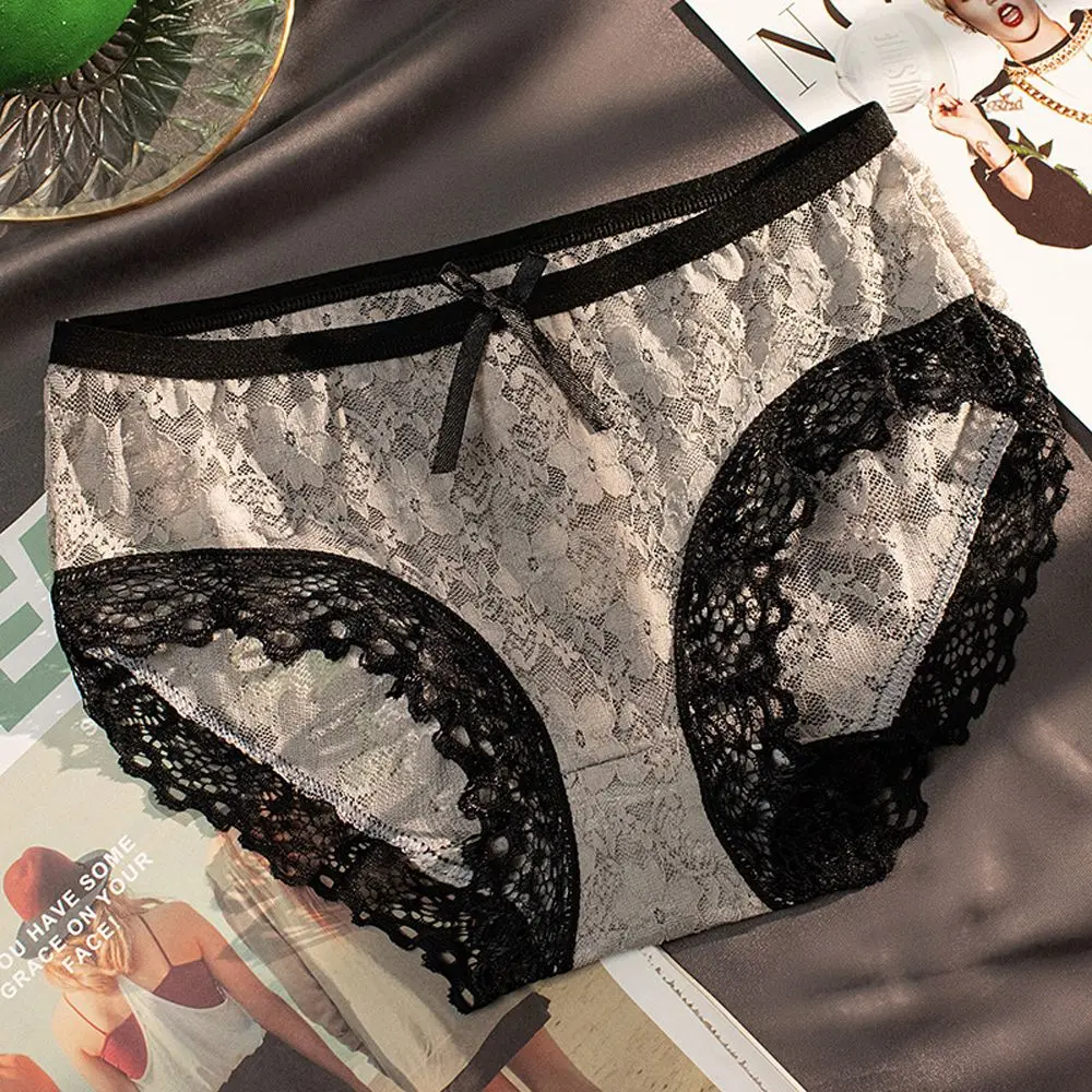 Breathable Sexy Bowknot Flower Mid-waist Mesh Briefs Korean Underwear Women Panties Lace