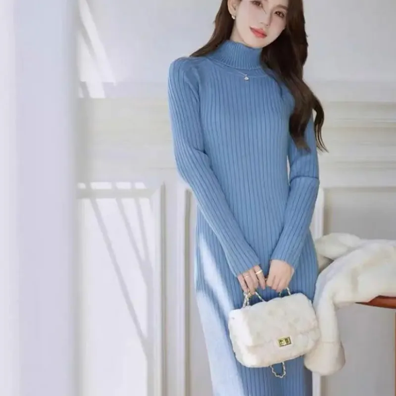 Autumn Winter White Sweater Dresses Fashion Female Black Long Sleeve Skinny Casual Blue Turtleneck Kintted Wrap Hip Dress Women