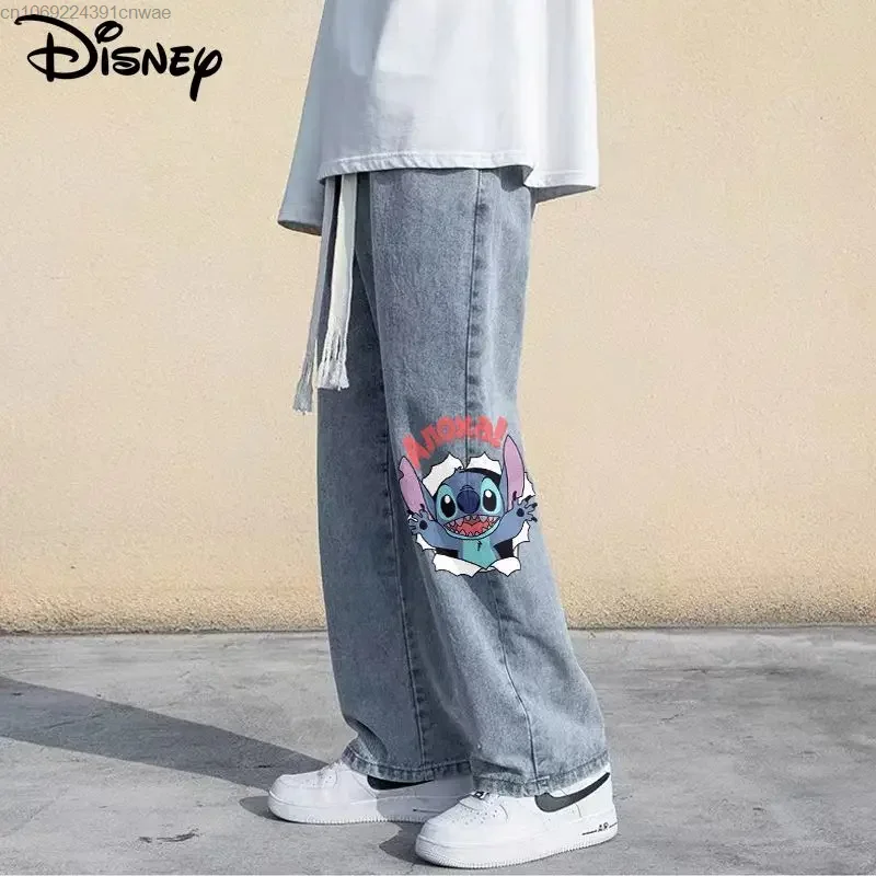 Disney Stitch Baggy Jeans Men Summer Casual Cropped Pants Y2k Women's Sumer 2000s Clothes Hip Hop Fashion Wide Leg Jeans Boys