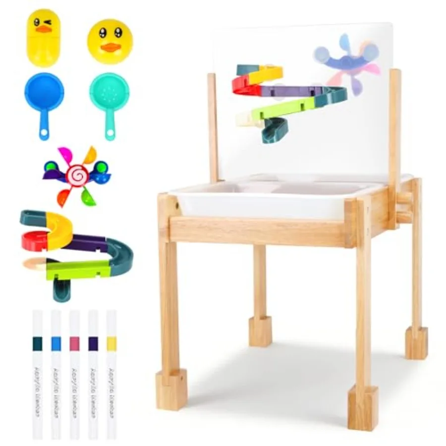 Outdoor sand and water table for toddlers, wooden sensory activity table in natural wood color with painting PS board, collapsi