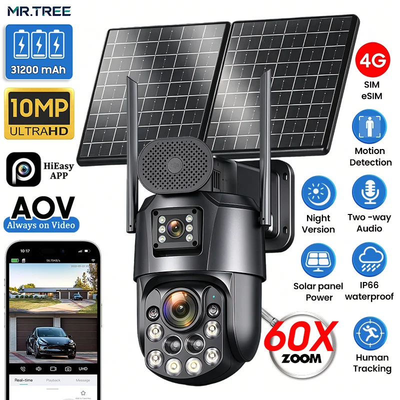 Dual Lens 4K 4G/eSIM Security Outdoor Solar Camera 60X Optical Zoom Surveillance AOV 24/7 Record Auto Track PTZ Home Monitoring