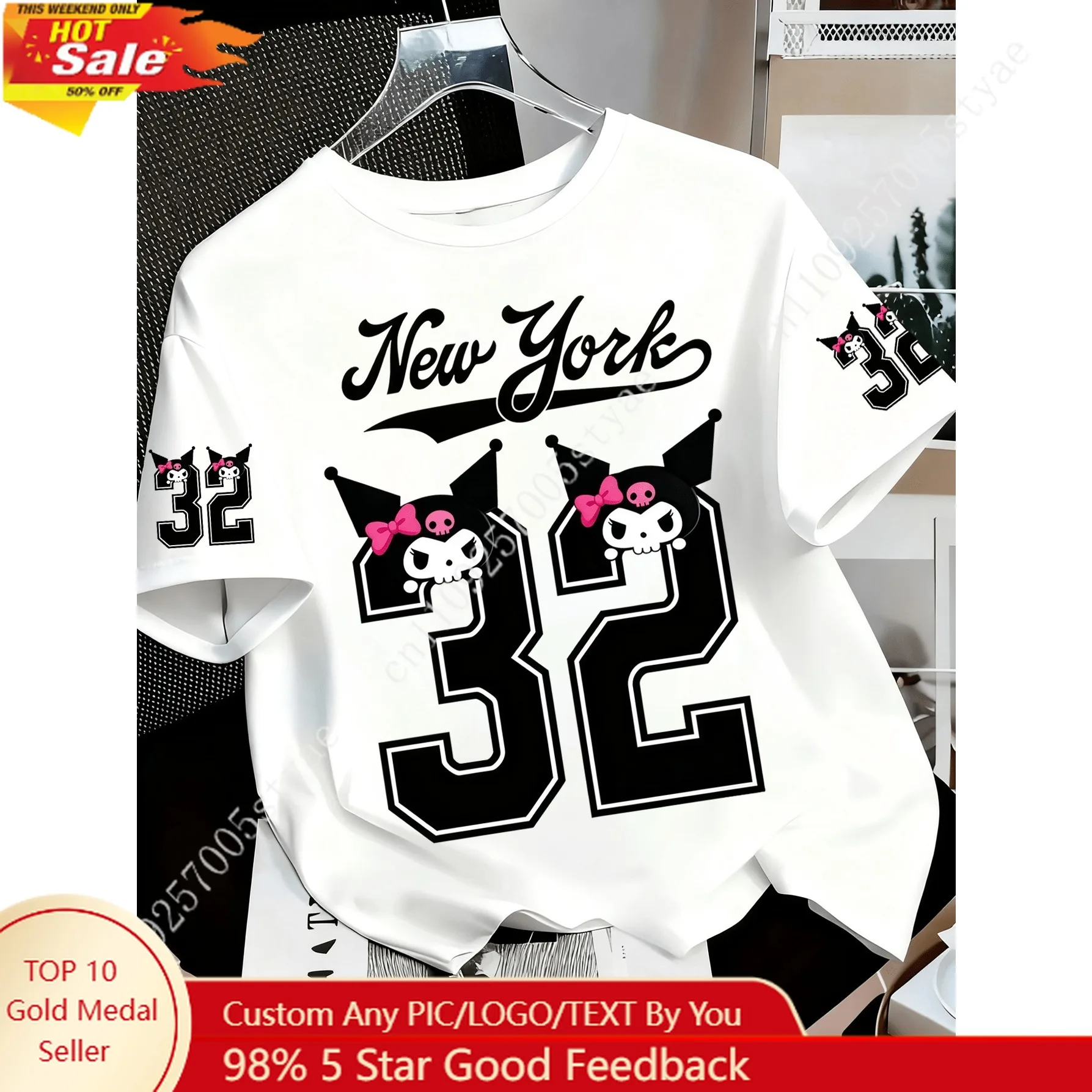 Футболка Sanrio Kuromi New York Number 32 с принтом, круглый вырез горловины