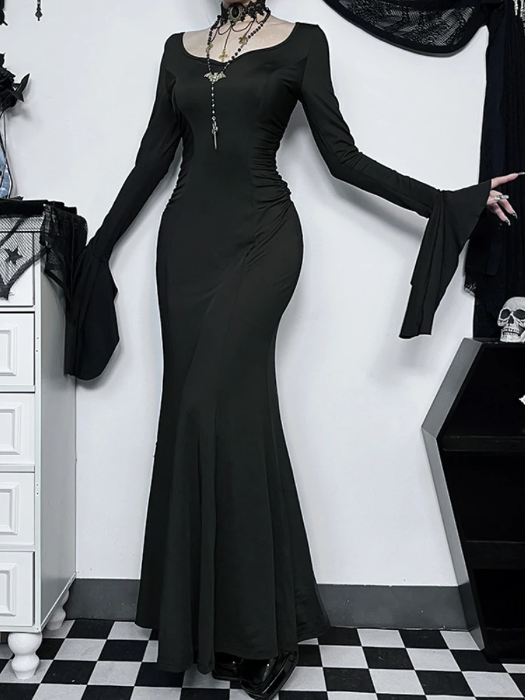 Halloween Cos Morticia Elegant Gothic Dress for Women Adams Family Inspired Wednesday Slim Summer Mermaid