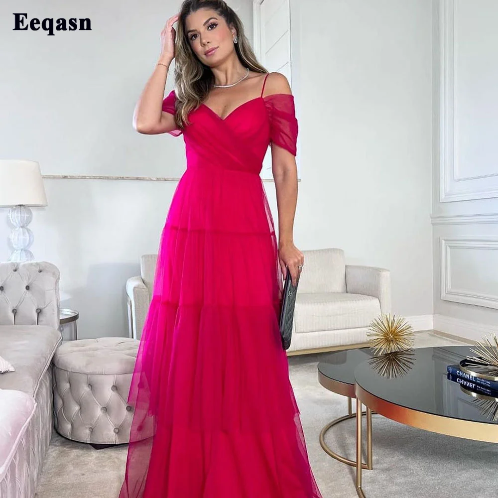 

Eeqasn Simple Tulle Women Prom Party Gowns Formal Evening Dresses Spaghetti Straps Wedding Bridesmaid Dress Specil Occasion