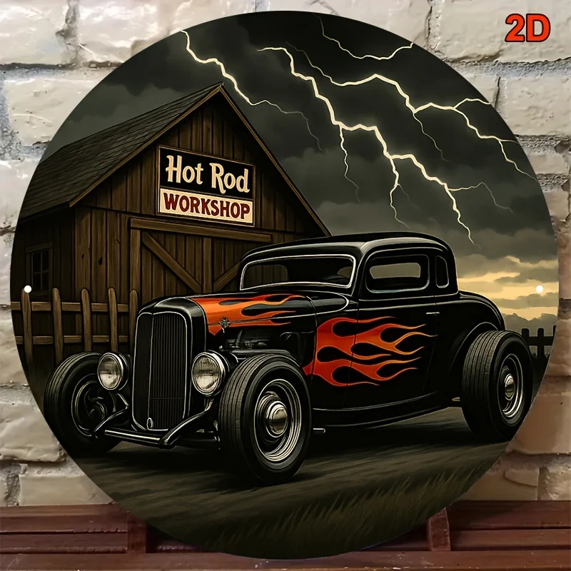 Placa de Pared Redonda de Aluminio de 8x8 Pulgadas, Diseño 2D Plano, con Diseño de Coche Hot Rod Vintage y Llama, Letrero 'HOT ROD WORKSHOP'