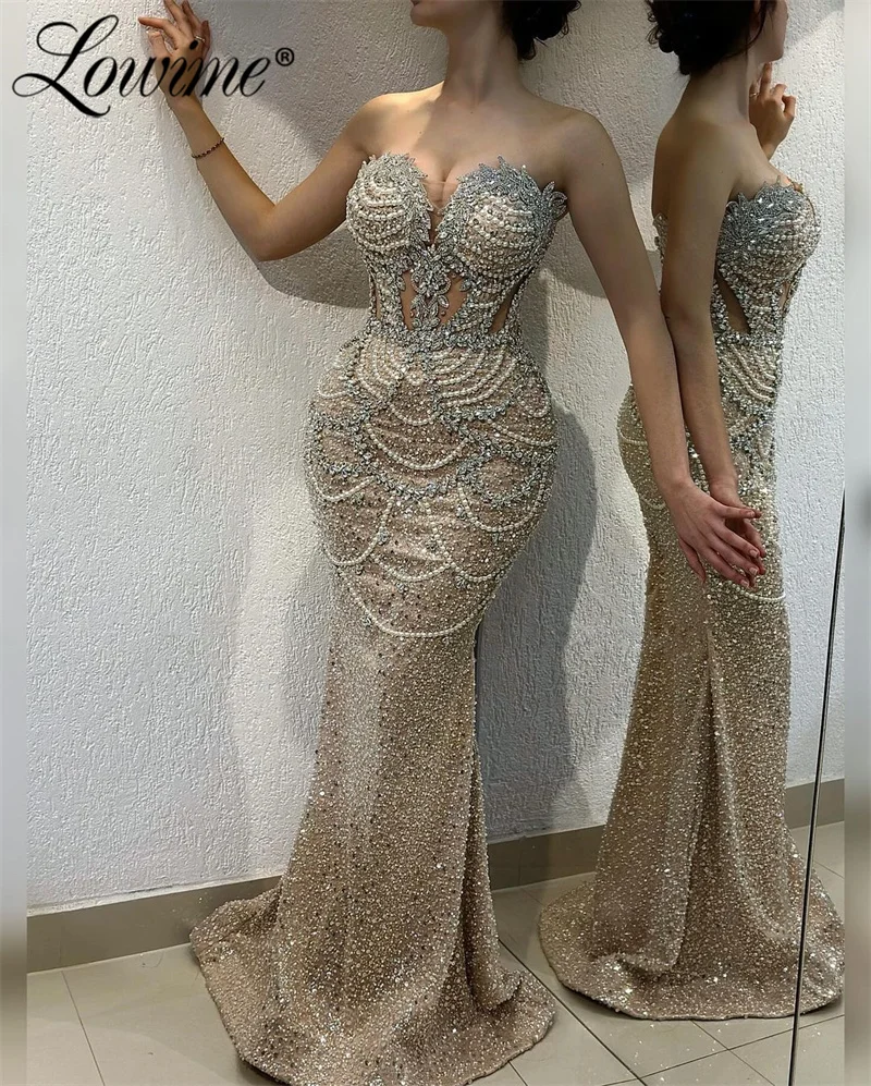 Lowime 2024 Champagne Arabic Dubai Evening Dress Luxury Crystal Tassels Mermaid Prom Dresses Robes De Soirée 2 w 1 Party Gowns