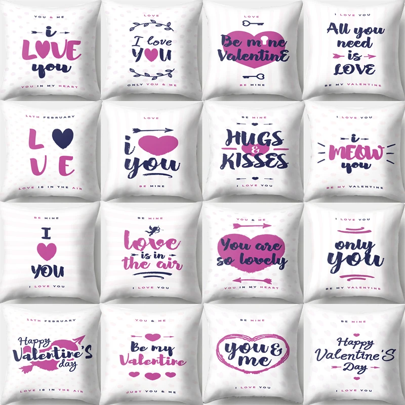 

Simple Letter Valentines Day Pillow Cover Purple Heart Happy Kiss Cushion Cover Polyester funda cojines 45x45cm Sofa Decorative