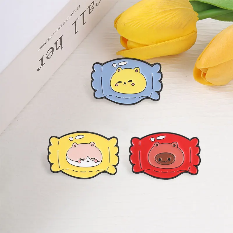 Kawaii Tier-Bonbonverpackungs-Emaille-Abzeichen-Set Schwein Katze Nilpferd Schlafendes Gesicht Süße Anstecknadeln Legierungs-Broschen Schmuckgeschenke für Kinder – Detail 7