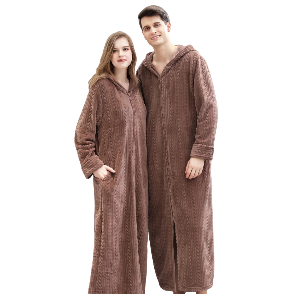 

Women Winter Extra Long Warm Jacquard Flannel Bathrobe Pregnant Zipper Plus Size Dressing Gown Lounge Coral Fleece Bath Robe