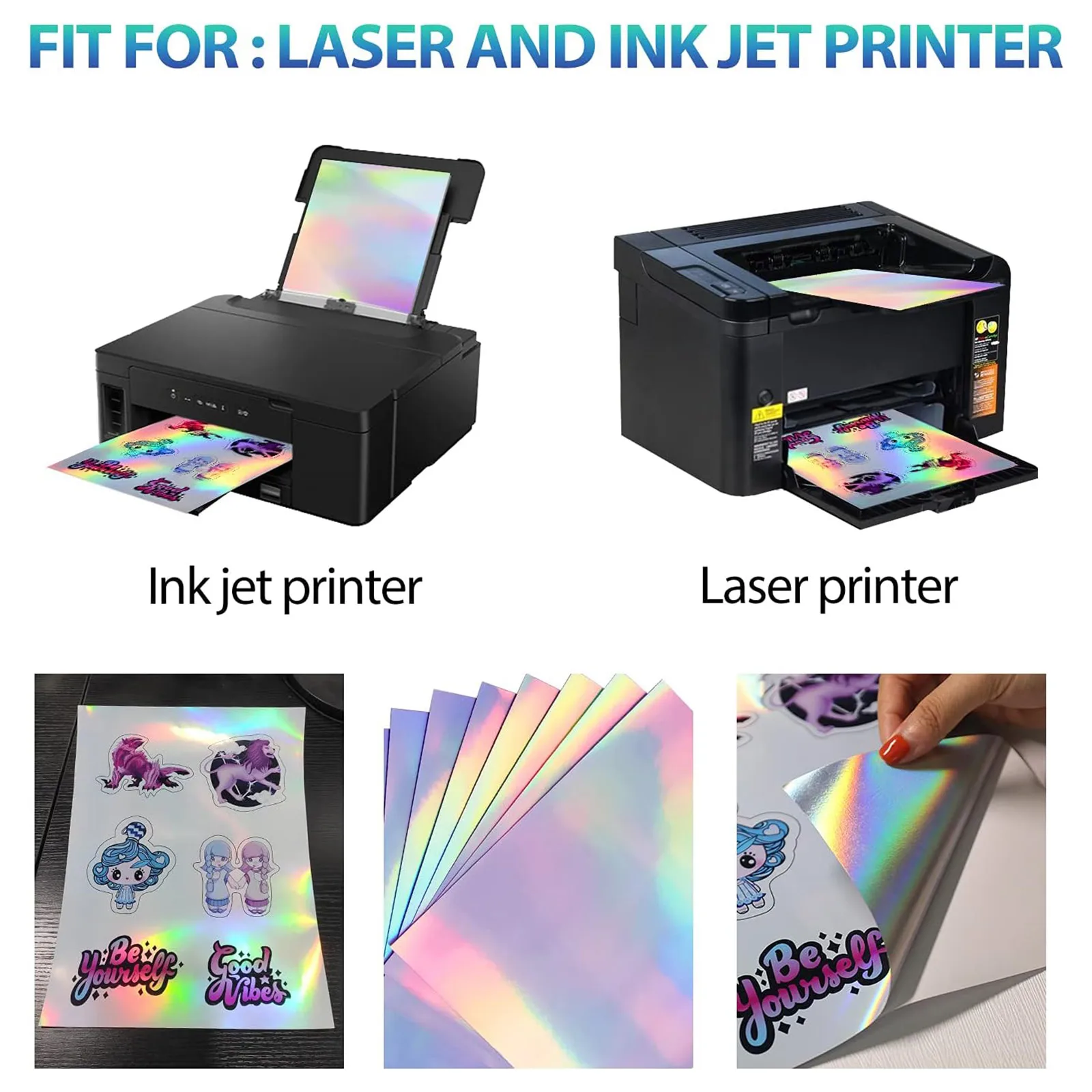 A4 8.3 x 11.7 Inch 20 PCS Holographic Printable Vinyl Sticker Printable Paper Waterproof Glossy Sticker Paper Dries Quickly