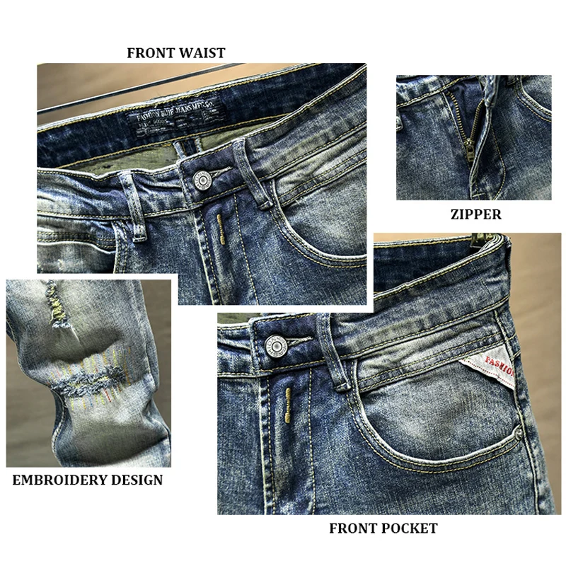 Streetwear Fashion Men Jeans Retro Washed Blue Stretch Slim Fit Ripped Jeans Men Embroidery Designer Hip Hop Vintage Denim Pants