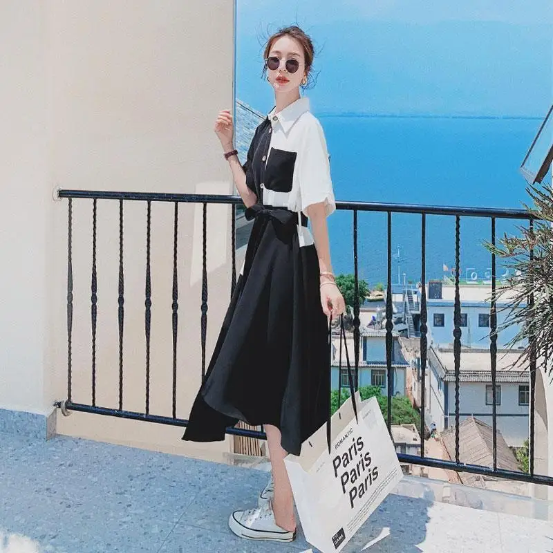 Black Hepburn Wind Contrast Dress Female 2023 Summer New Temperament Waist Slim Irregular Shirt Skirt Women Korean A-line Dress