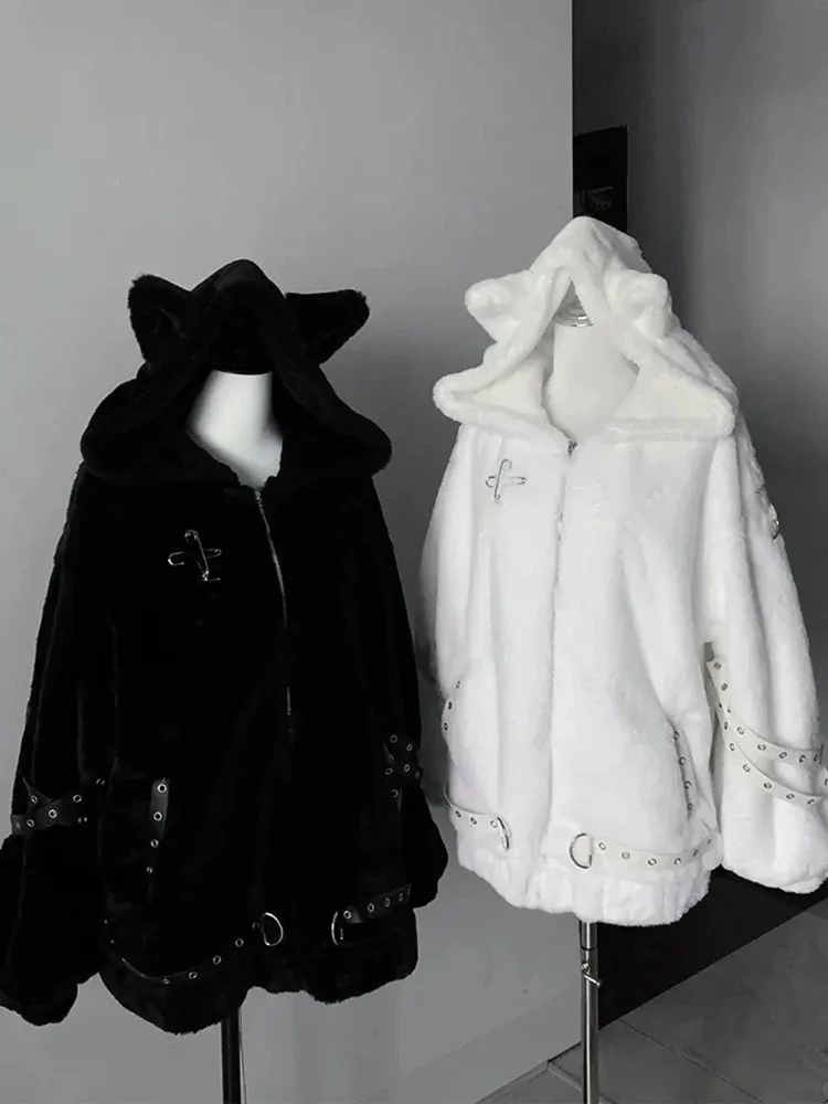 الحلو الطازجة اليابانية Harajuku معطف القط الأذن الشرير نمط Y2k القوطي النساء الملابس رقيق شخصية Preppy الدافئة سترة ناعمة #2