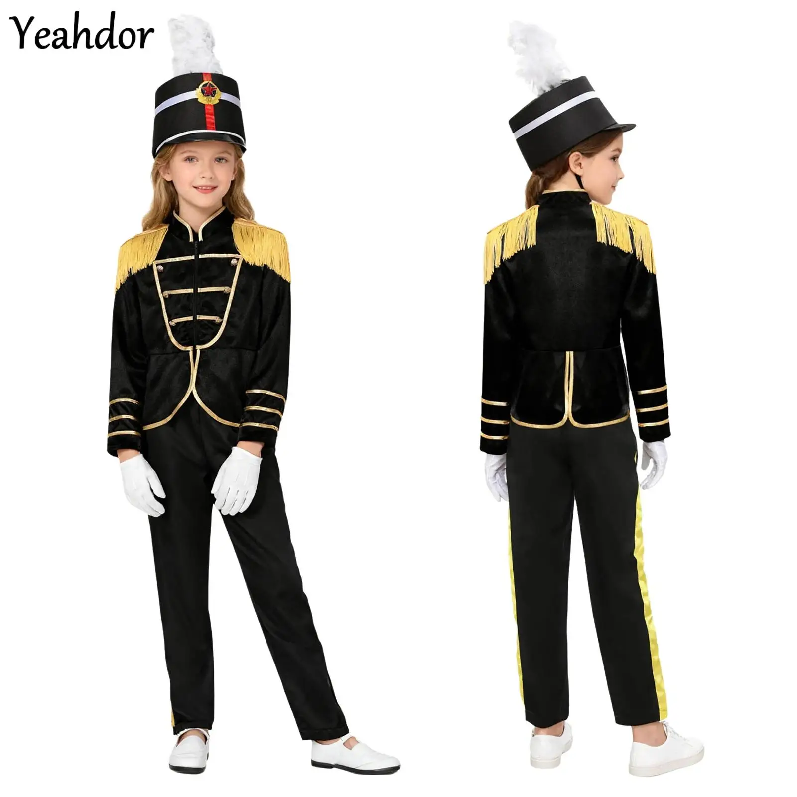 

Boys Girls Nutcrackers Costume Set Drum Major Team Long Sleeve Tassel Epaulets Zipper Jacket Pants Hat Marching Band Uniforms