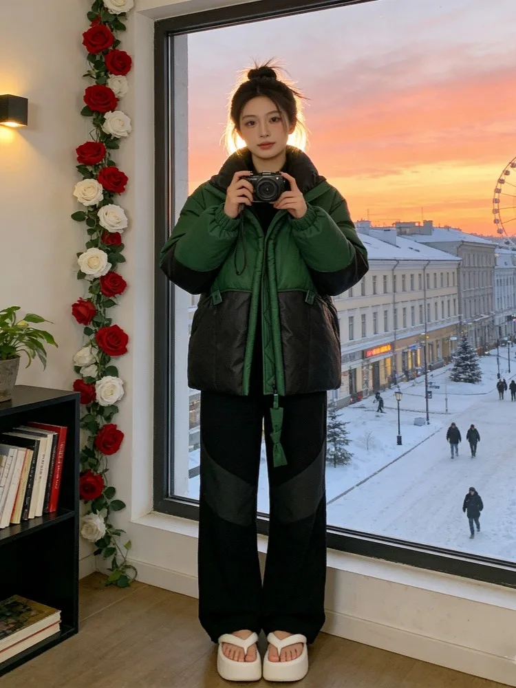 เสื้อโค้ทผู้หญิง Thiened Fce รุ่น Winter Jaet แบบยาว บุด้วยผ้าฝ้าย ให้ความอบอุ่น สไตล์เกาหลี ทรงหลวม สีพื้น เหมาะสำหรับใส่เดินทาง