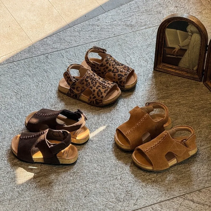 

Children's Sandals Korean Style New Leopard Print Beach Shoes Soft Sole Anti-Slip Boys and Girls Retro Frosted Casual Footw