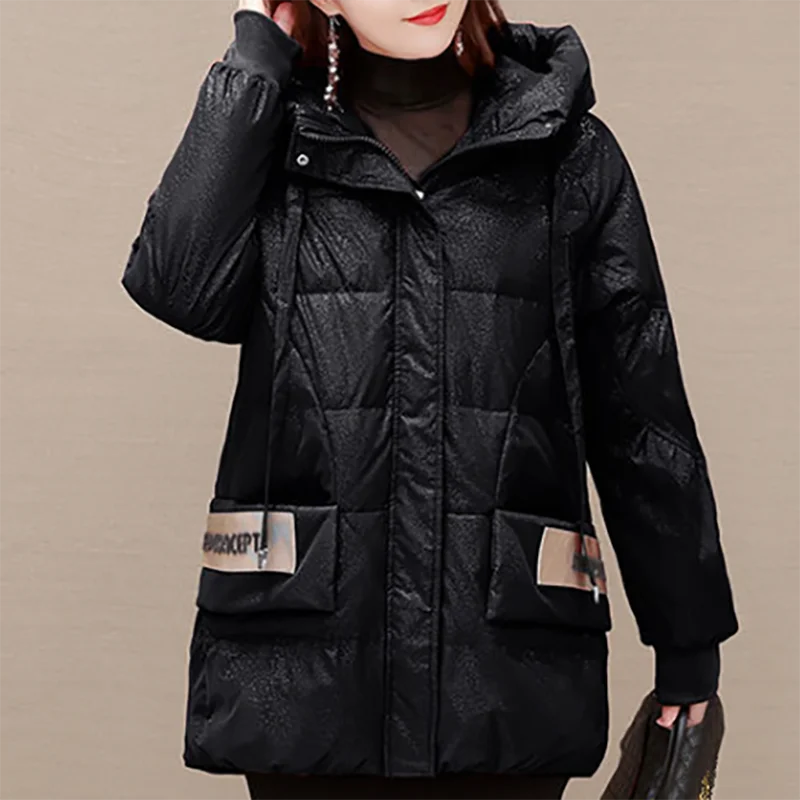 

Hooded Wash Free Bright Face Cotton Coat Women Lace-up Fashion Loose Casual Thicken Jacket 2023 Winter Female Mid-Length Parkas