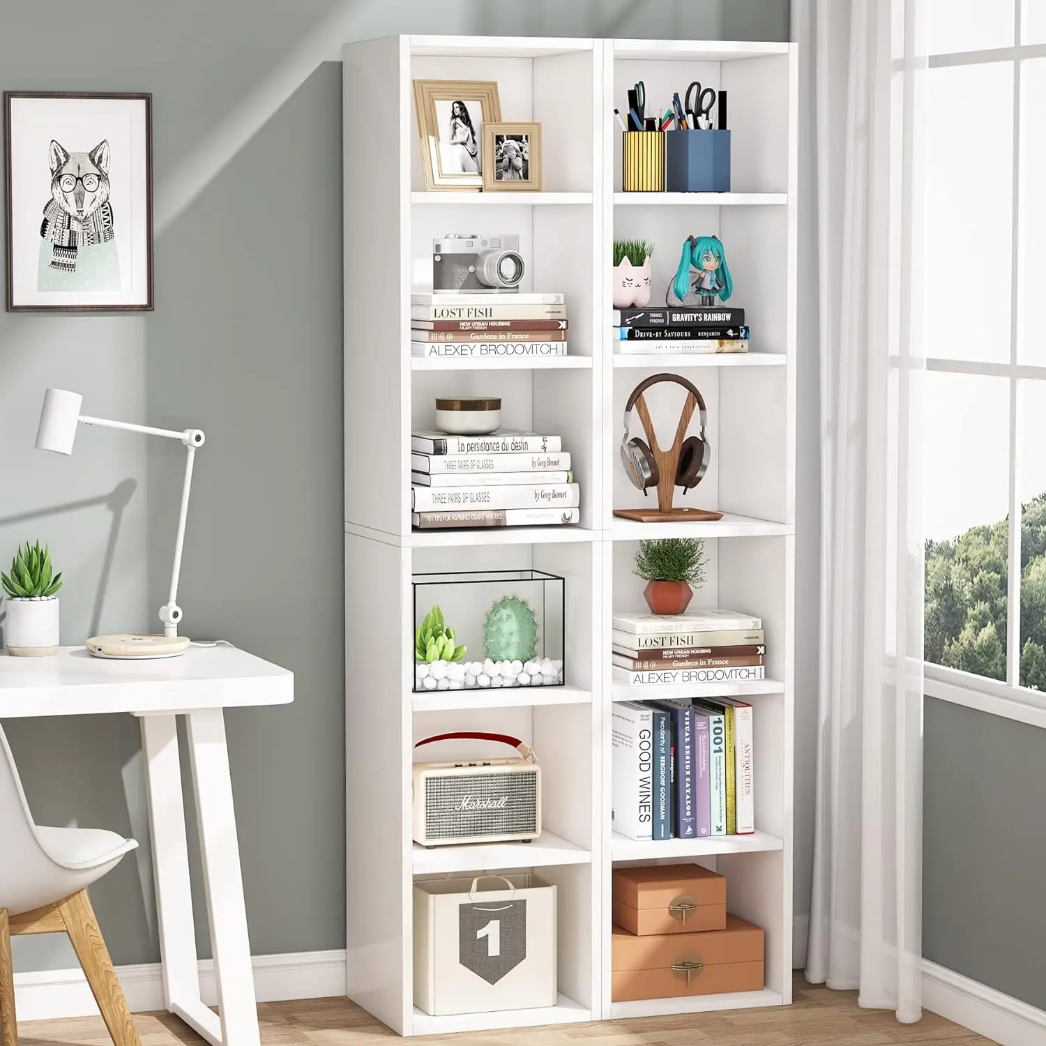 70.9 Inch Tall Narrow Bookcase, Modern White Corner Bookcase with Storage, 6 Tier Cube Display Shelves for Home Offic