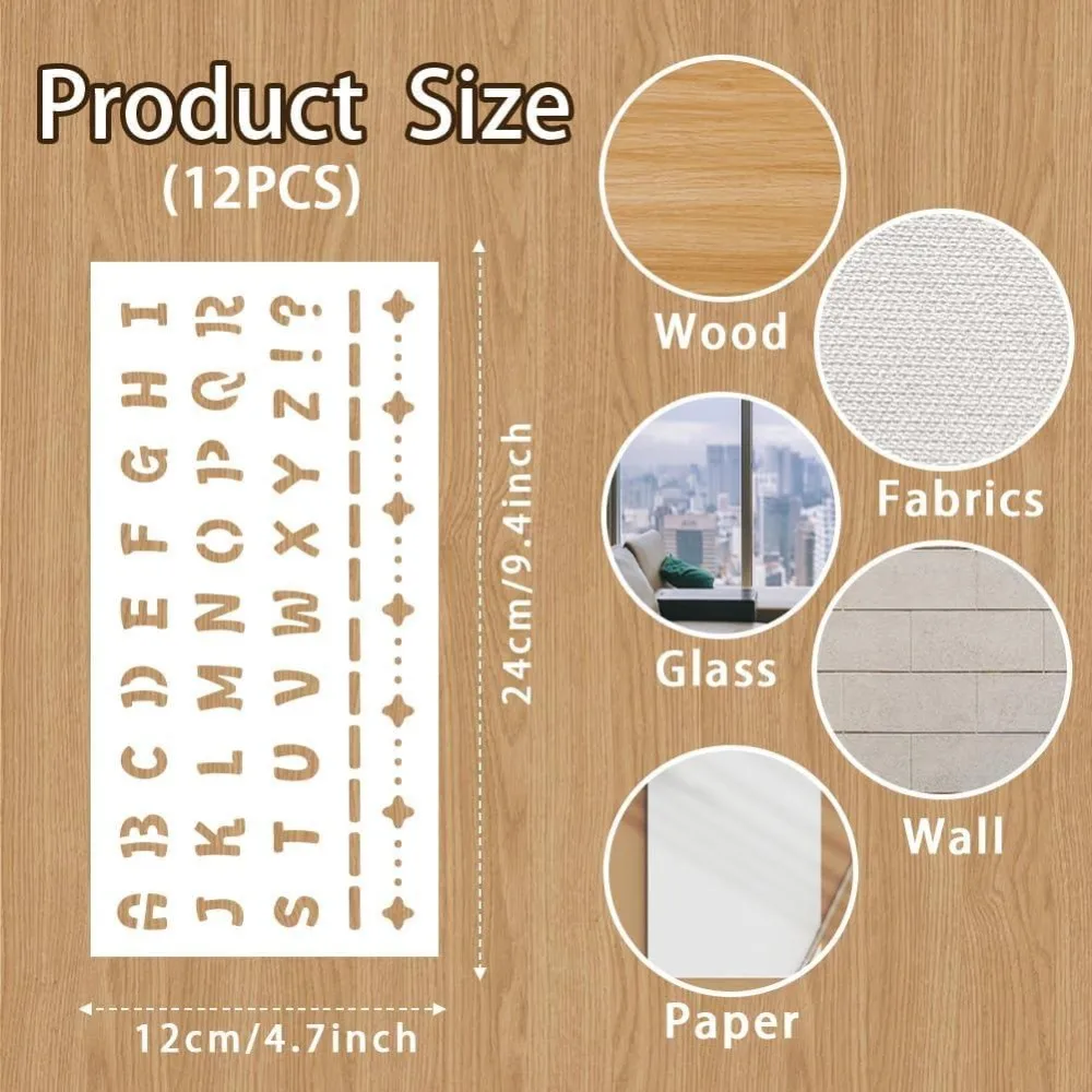 12 Sheets Letter Stencils for Painting 12 Styles Alphabet Numbers Bar Borders Designs Drawing Templates Reusable