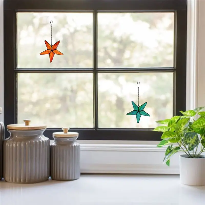 AB11 Stained Acrylic Window Hanging Starfish Decor, 2Pcs Sea Star Decorations for Beach Nautical Home