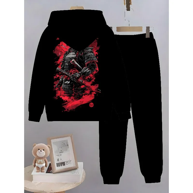 シンプルでスタイリッシュなカジュアル長袖3Dデジタルプリントクラシック戦士柄パーカーとスポーツパンツの2点セット