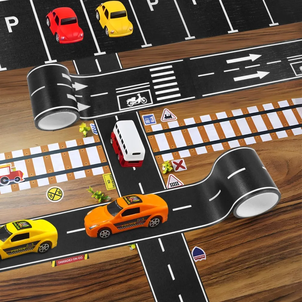 شريط ورقي قابل للإزالة من الرسوم المتحركة DIY: الطريق السريع لمسار السكك الحديدية، منحنى قطار السيارة ملصق ذاتي اللصق للحرف اليدوية