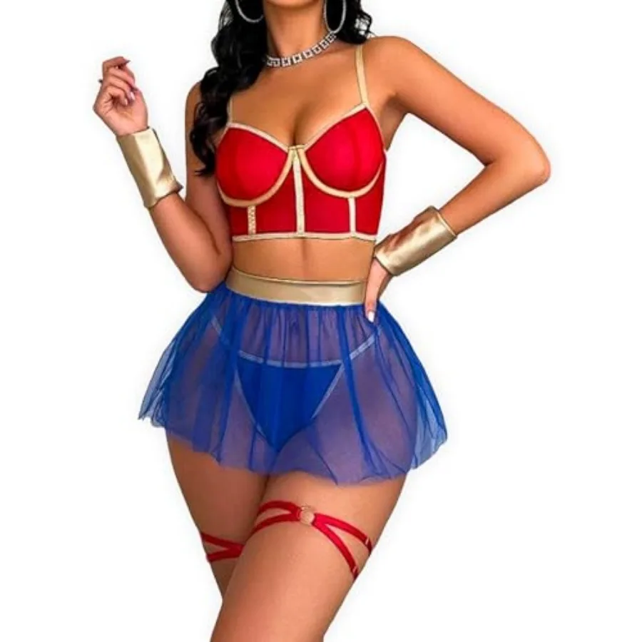 

Fantasy Lingerie Set for Women Red Gold Bustier with Blue Sheer Skirt, Heroine Inspired Roleplay Outfit