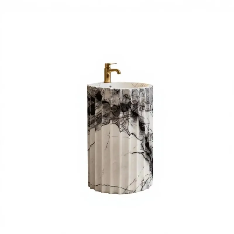 Modern white marble sink with separate washbasin and drain for hotel bathrooms