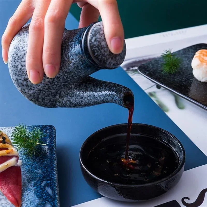 Japanese Retro Household Ceramic Oil Bottle Seasoning Jar Olive Oil Vinegar Soy Sauce BottleFood StorageContainerKitchenUtensils