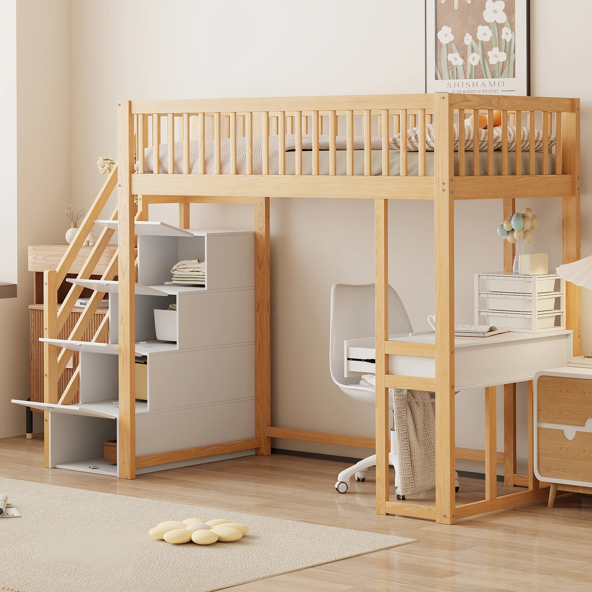 Cama alta infantil con escalera de almacenamiento y barandilla, litera de madera para niños, cama juvenil para habitación infantil