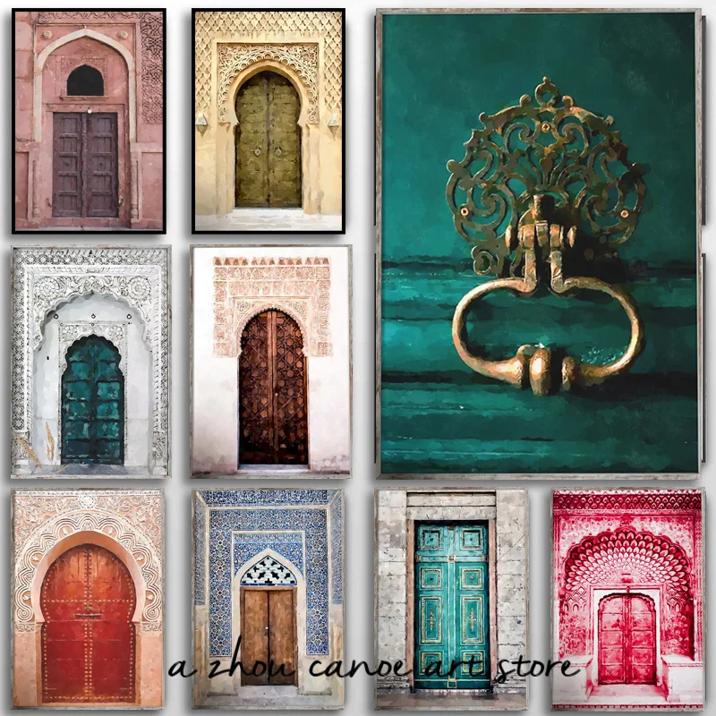 Vintage Style Boho Door Art Posters Turquoise Aquarell Door Morccoan Indian Door Canvas Painting Wall Prints Picture Home Decor