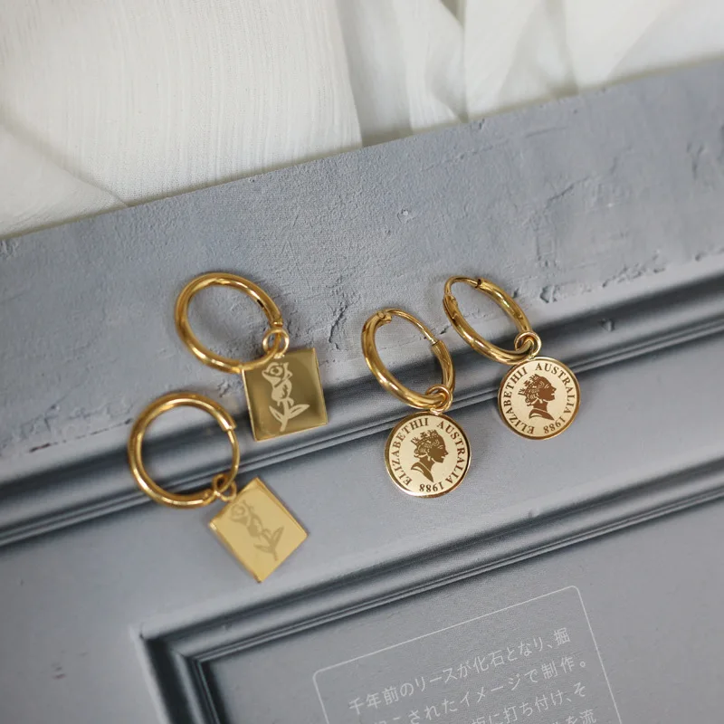 French Rose Flower Square Portrait Elizabeth Gold Coin Earrings Ear Buckles, Titanium Steel Plated 18K Gold Woman
