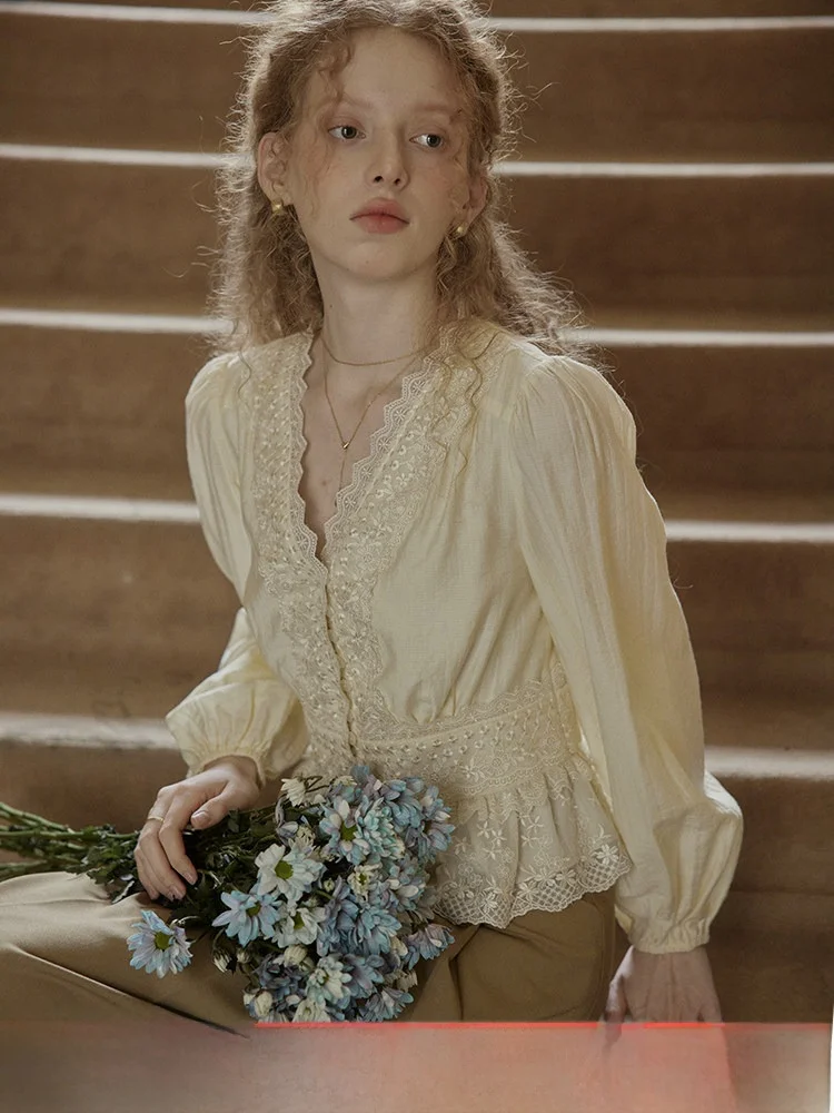 

Женская блузка Cpaia Princ Sle с тяжелой вышивкой, кружевом и эффектом омоложения, французский стиль, приталенный крой, длинный рукав, V-образный вырез