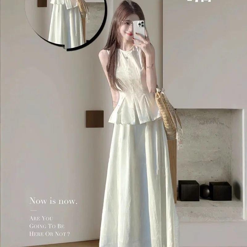 

Новый летний женский комплект из двух предметов, модный тонкий плиссированный жилет без рукавов + тонкая юбка трапециевидной формы с высокой талией, костюм в стиле Харадзюку