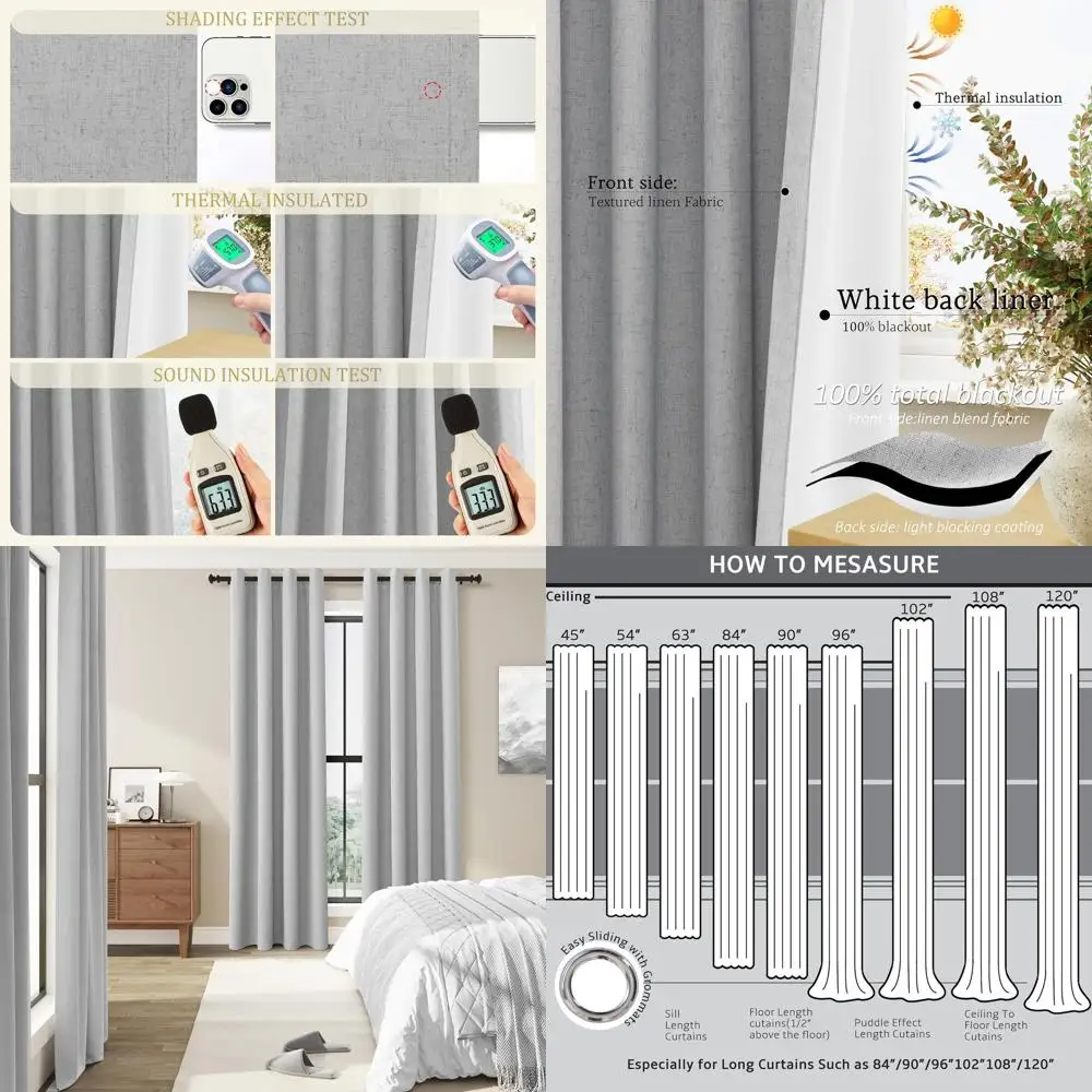 84 100% 린넨 암막 커튼, 2패널 세트, 단열, 거실 및 침실용 룸 다크닝
